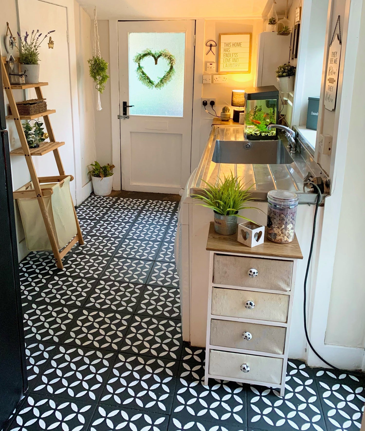 Blackjack & Dazzle Me! Painted Floor Tiles Makeover